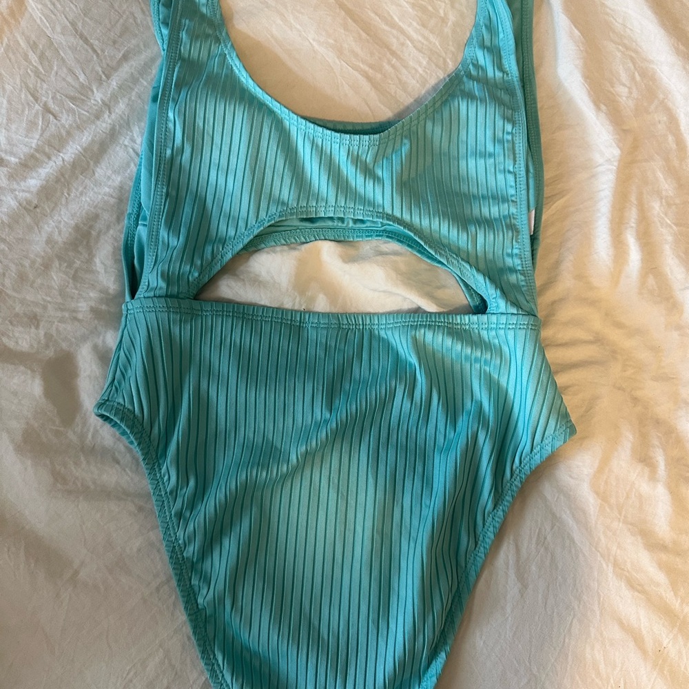 BCBGeneration Blue Ribbed Cut-Out One Piece - Picture 2 of 4